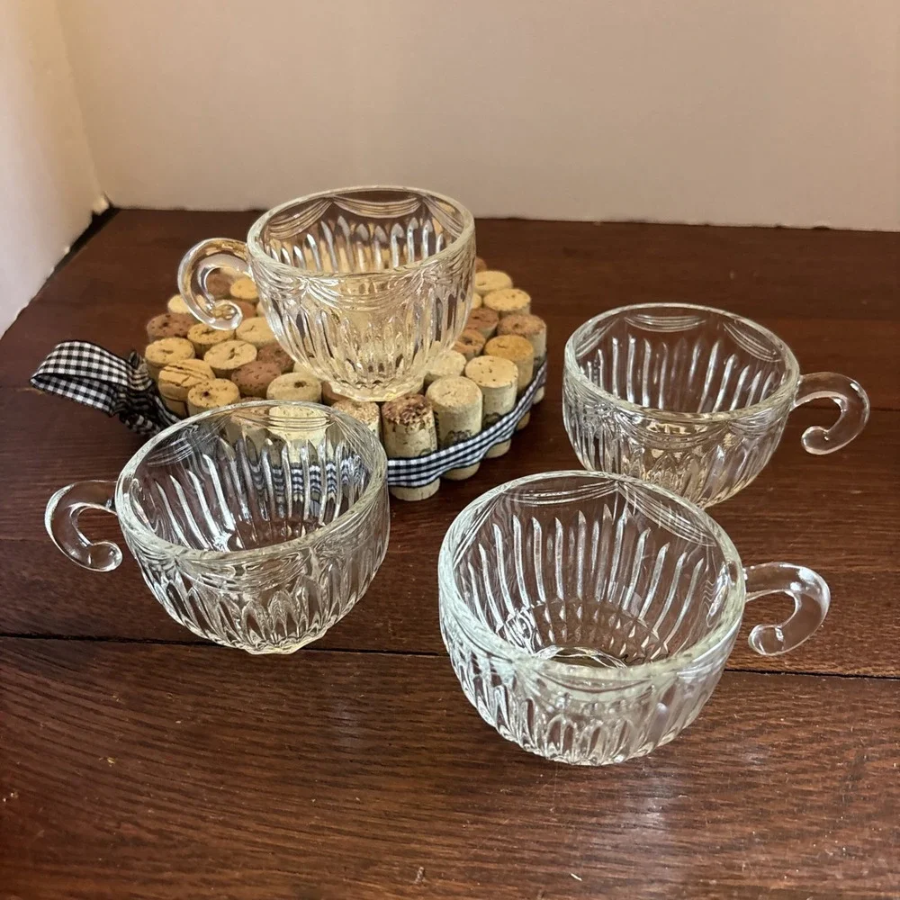 4 Indiana Glass ROYAL Drape Clear Punch Cup Hook Handle Vertical Rib & Swag 7 oz